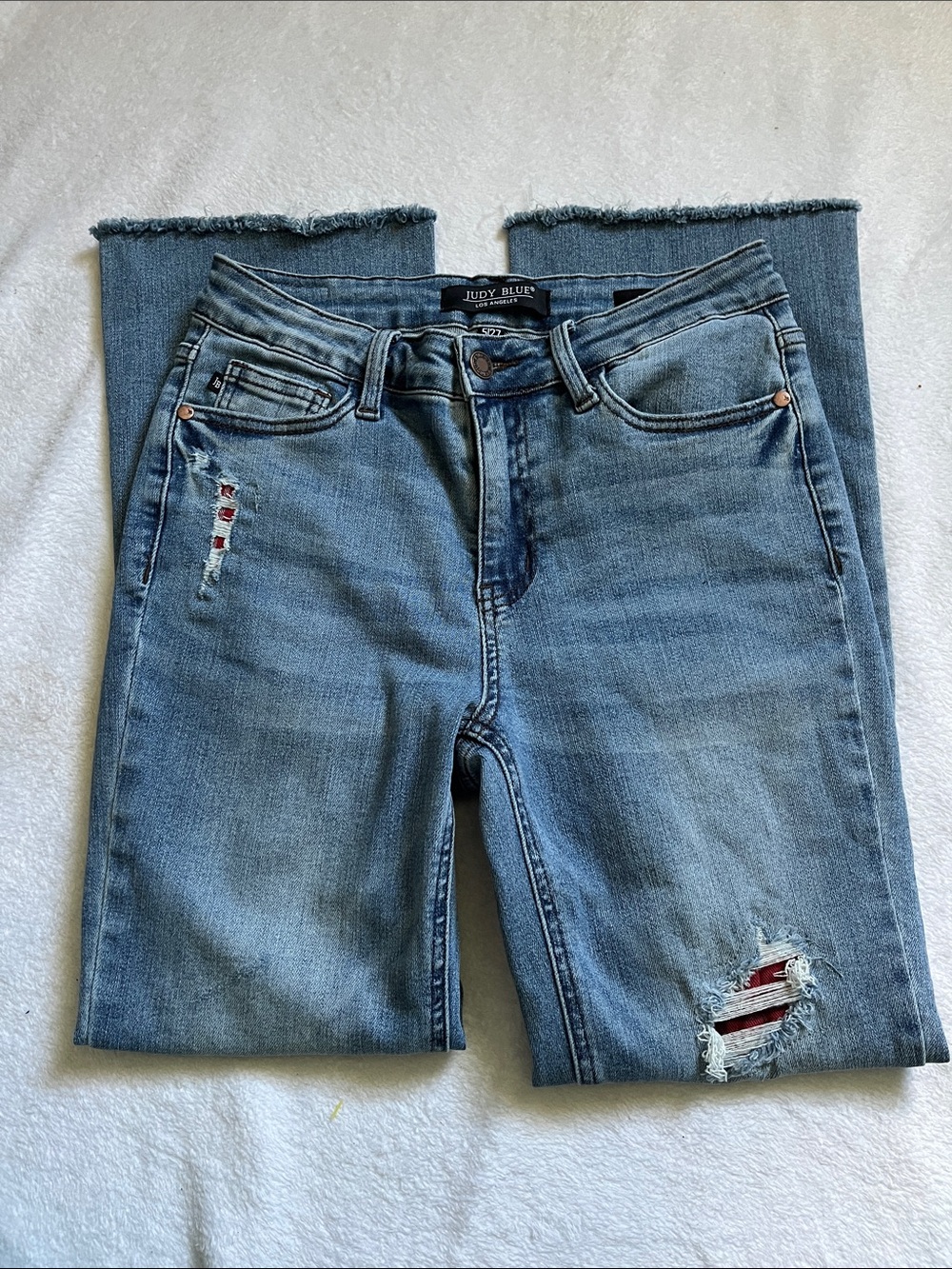 Judy Blue Light Blue Distressed Straight Leg Jeans with Red Patch Accents - Picture 1 of 7